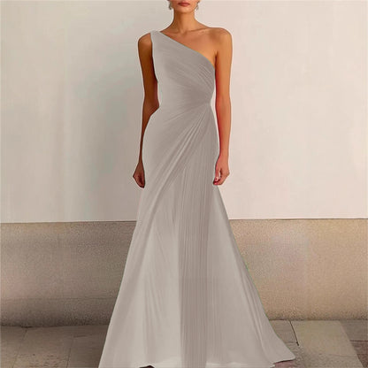 Elegant Bridesmaid Dress One Shoulder Evening Dress Long Pleated Formal Gown for Prom Party