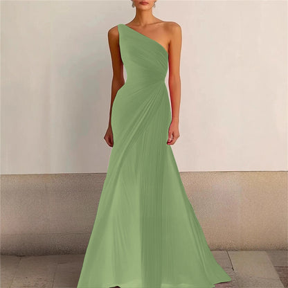 Elegant Bridesmaid Dress One Shoulder Evening Dress Long Pleated Formal Gown for Prom Party