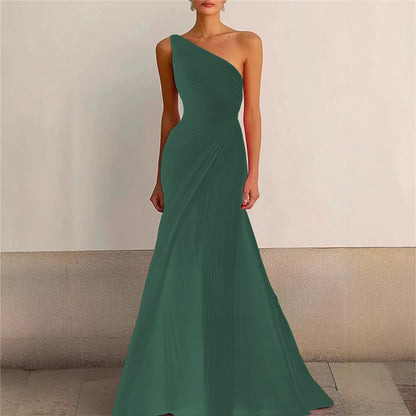 Elegant Bridesmaid Dress One Shoulder Evening Dress Long Pleated Formal Gown for Prom Party