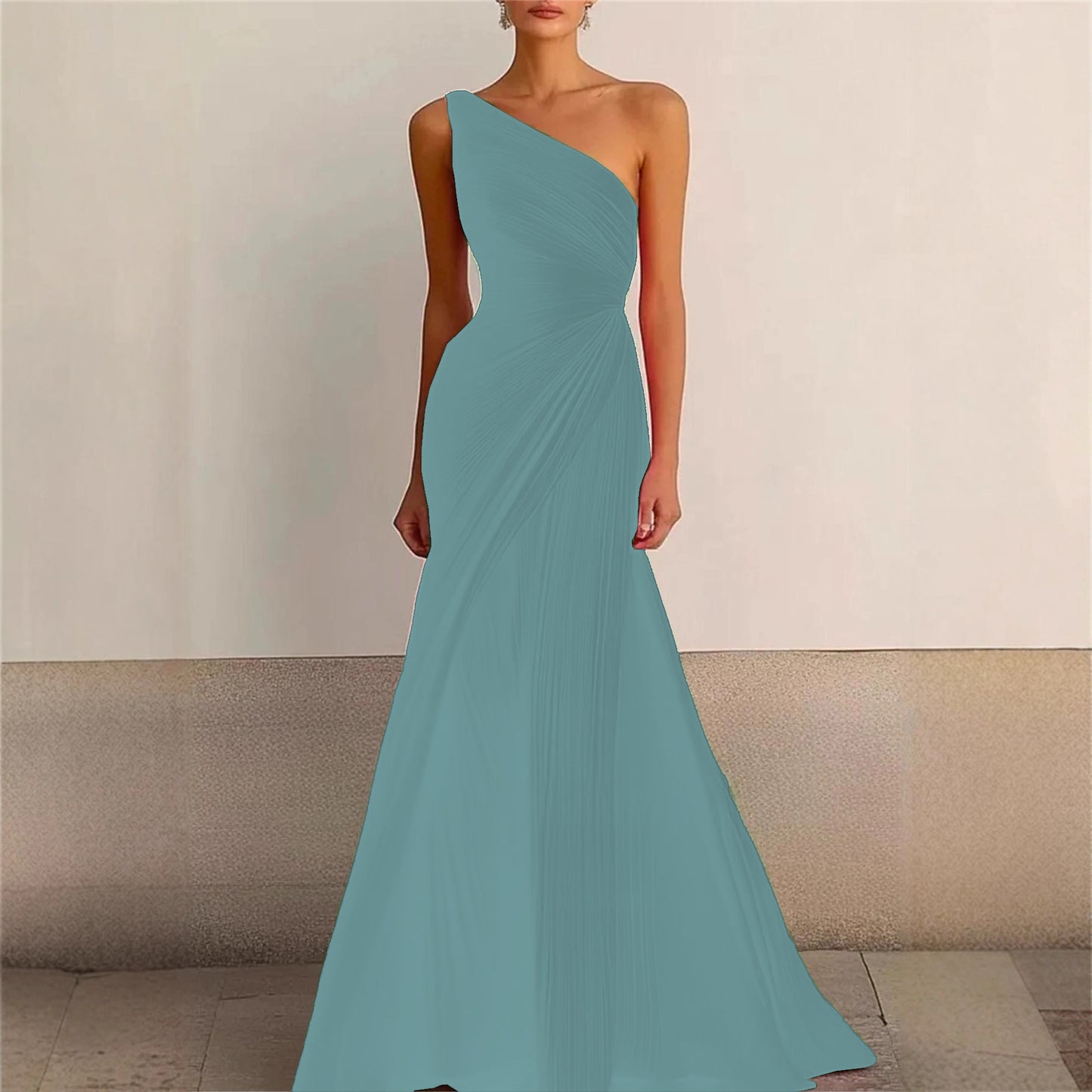 Elegant Bridesmaid Dress One Shoulder Evening Dress Long Pleated Formal Gown for Prom Party