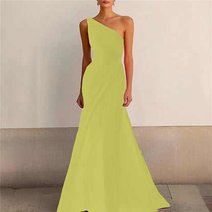 Elegant Bridesmaid Dress One Shoulder Evening Dress Long Pleated Formal Gown for Prom Party