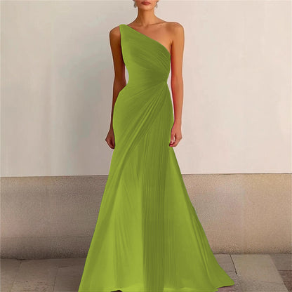 Elegant Bridesmaid Dress One Shoulder Evening Dress Long Pleated Formal Gown for Prom Party