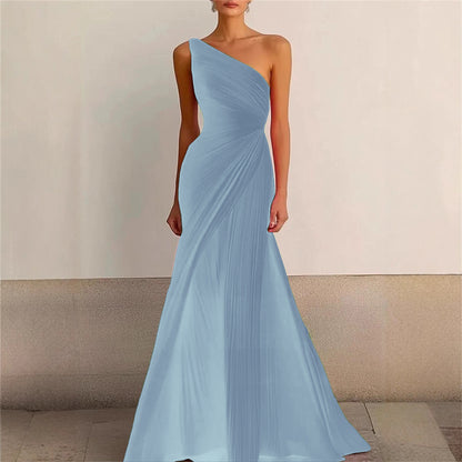 Elegant Bridesmaid Dress One Shoulder Evening Dress Long Pleated Formal Gown for Prom Party
