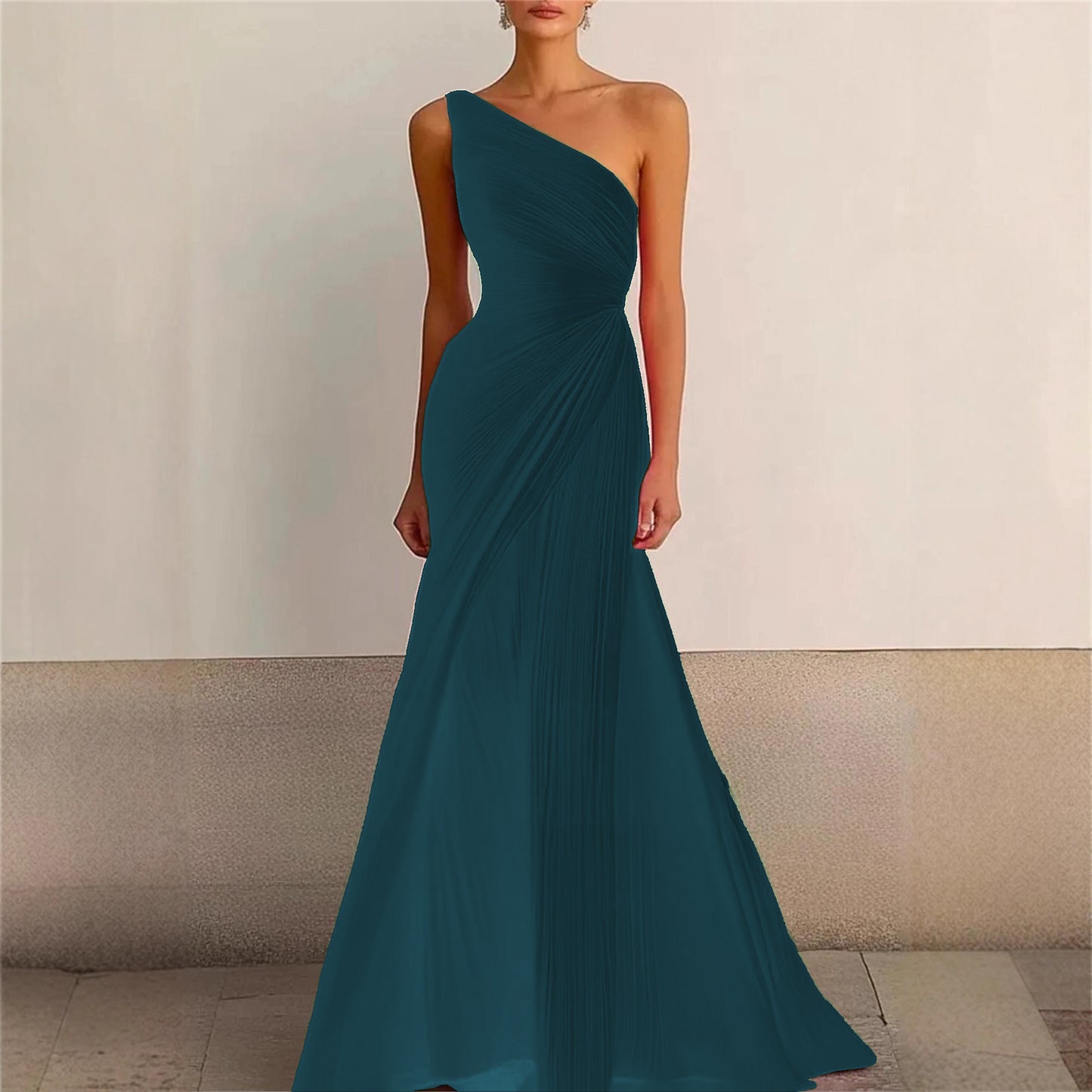 Elegant Bridesmaid Dress One Shoulder Evening Dress Long Pleated Formal Gown for Prom Party