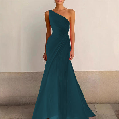 Elegant Bridesmaid Dress One Shoulder Evening Dress Long Pleated Formal Gown for Prom Party