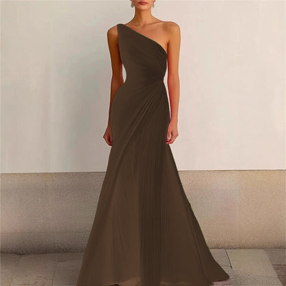 Elegant Bridesmaid Dress One Shoulder Evening Dress Long Pleated Formal Gown for Prom Party