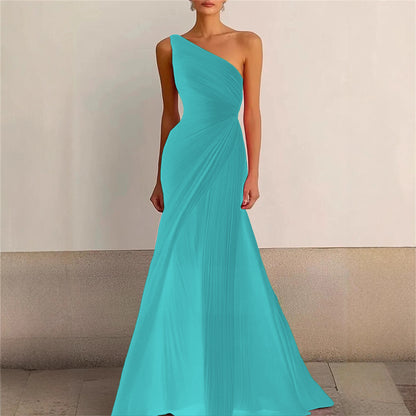 Elegant Bridesmaid Dress One Shoulder Evening Dress Long Pleated Formal Gown for Prom Party