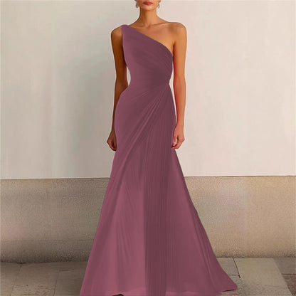 Elegant Bridesmaid Dress One Shoulder Evening Dress Long Pleated Formal Gown for Prom Party
