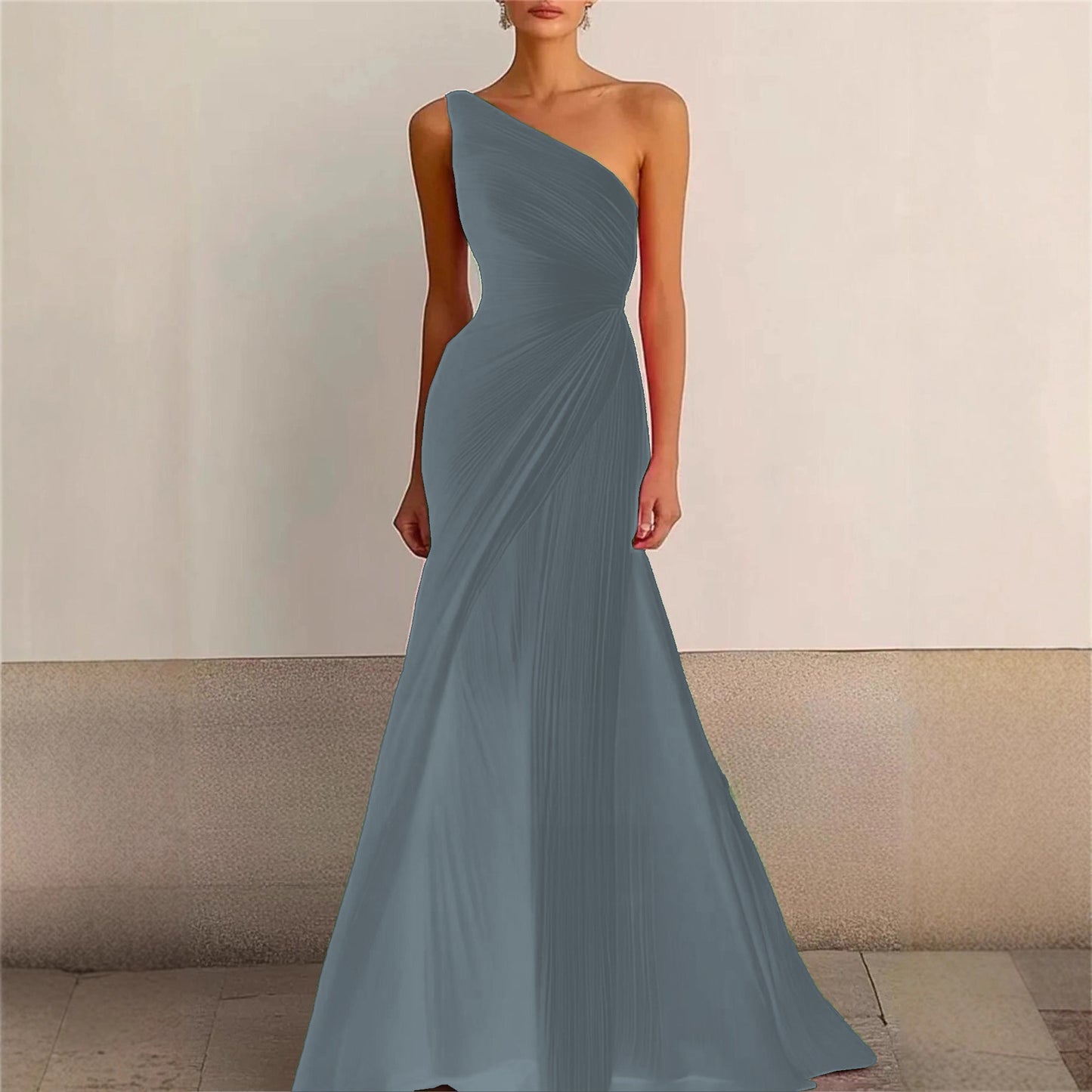 Elegant Bridesmaid Dress One Shoulder Evening Dress Long Pleated Formal Gown for Prom Party