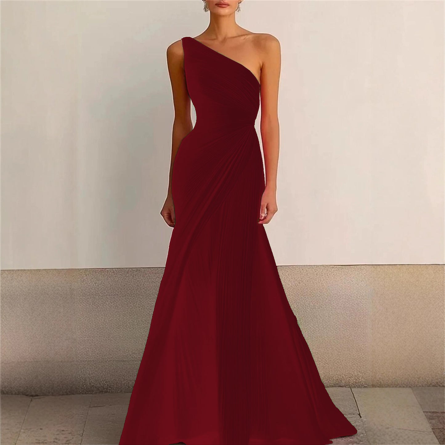 Elegant Bridesmaid Dress One Shoulder Evening Dress Long Pleated Formal Gown for Prom Party