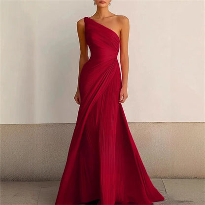 Elegant Bridesmaid Dress One Shoulder Evening Dress Long Pleated Formal Gown for Prom Party