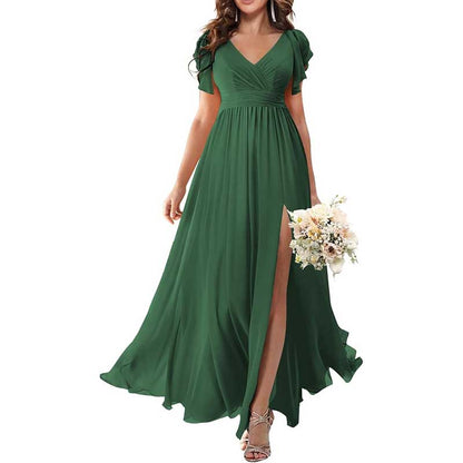 Elegant Custom V-Neck Bridesmaid Dress – Long Chiffon, Side Split, Short Sleeves