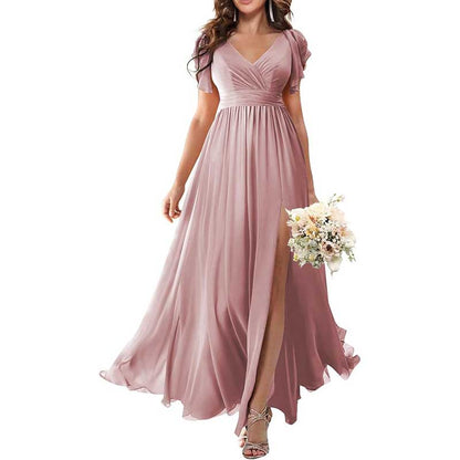 Elegant Custom V-Neck Bridesmaid Dress – Long Chiffon, Side Split, Short Sleeves