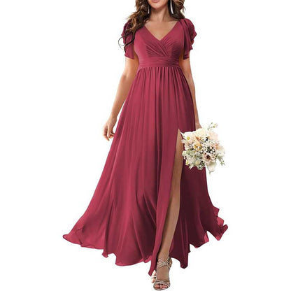 Elegant Custom V-Neck Bridesmaid Dress – Long Chiffon, Side Split, Short Sleeves