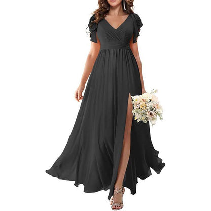 Elegant Custom V-Neck Bridesmaid Dress – Long Chiffon, Side Split, Short Sleeves