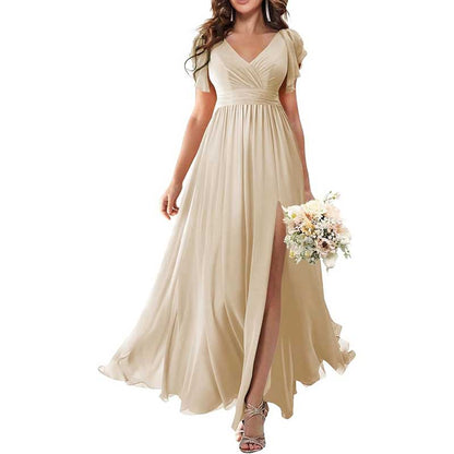 Elegant Custom V-Neck Bridesmaid Dress – Long Chiffon, Side Split, Short Sleeves
