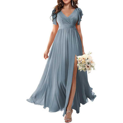 Elegant Custom V-Neck Bridesmaid Dress – Long Chiffon, Side Split, Short Sleeves