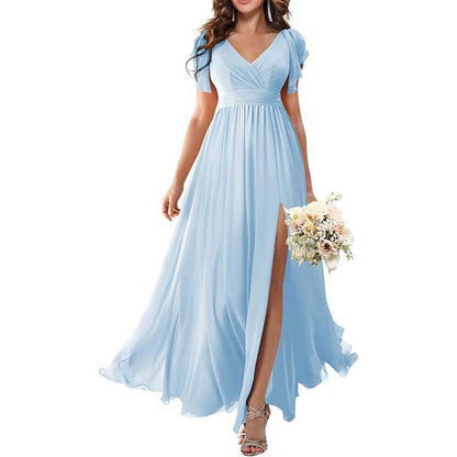 Elegant Custom V-Neck Bridesmaid Dress – Long Chiffon, Side Split, Short Sleeves