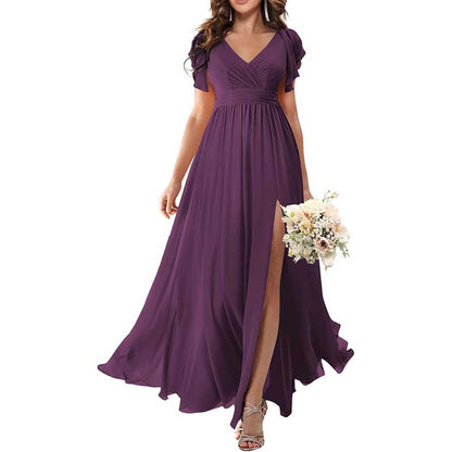 Elegant Custom V-Neck Bridesmaid Dress – Long Chiffon, Side Split, Short Sleeves