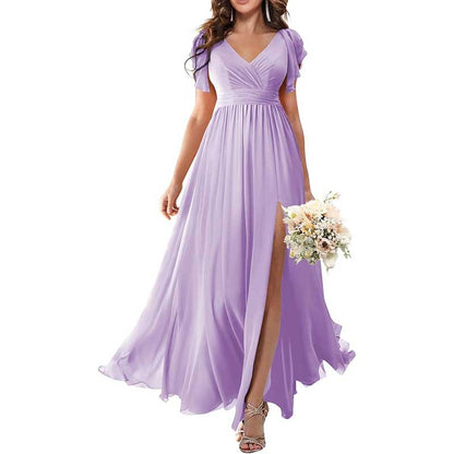 Elegant Custom V-Neck Bridesmaid Dress – Long Chiffon, Side Split, Short Sleeves