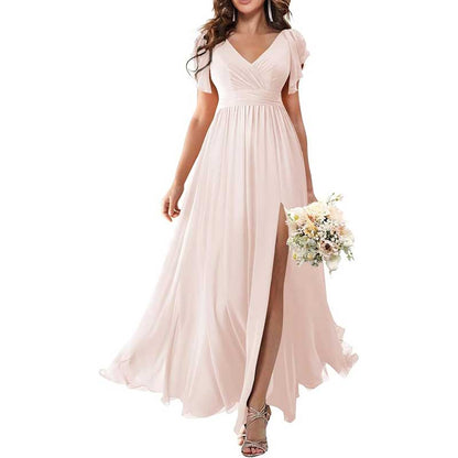 Elegant Custom V-Neck Bridesmaid Dress – Long Chiffon, Side Split, Short Sleeves