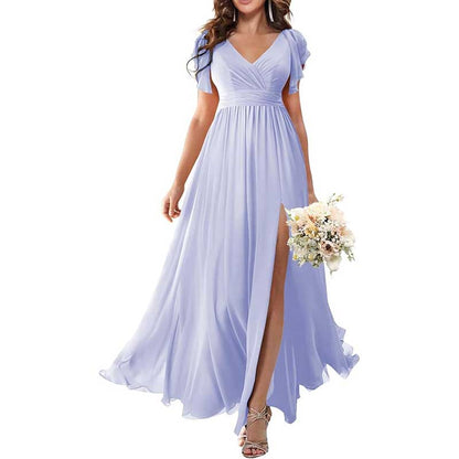 Elegant Custom V-Neck Bridesmaid Dress – Long Chiffon, Side Split, Short Sleeves