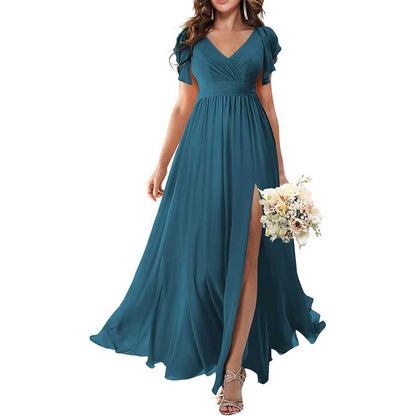Elegant Custom V-Neck Bridesmaid Dress – Long Chiffon, Side Split, Short Sleeves