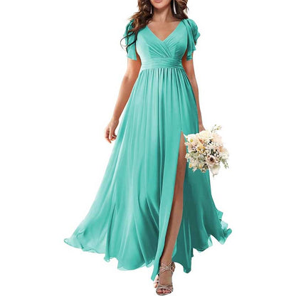 Elegant Custom V-Neck Bridesmaid Dress – Long Chiffon, Side Split, Short Sleeves