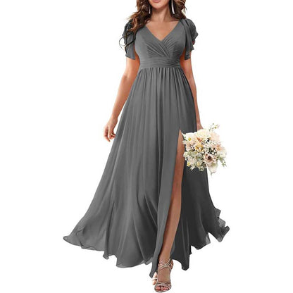 Elegant Custom V-Neck Bridesmaid Dress – Long Chiffon, Side Split, Short Sleeves