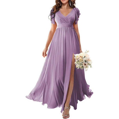 Elegant Custom V-Neck Bridesmaid Dress – Long Chiffon, Side Split, Short Sleeves