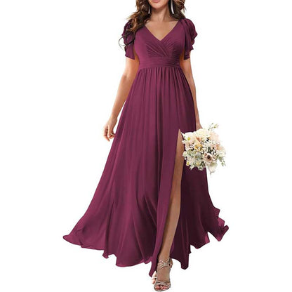 Elegant Custom V-Neck Bridesmaid Dress – Long Chiffon, Side Split, Short Sleeves