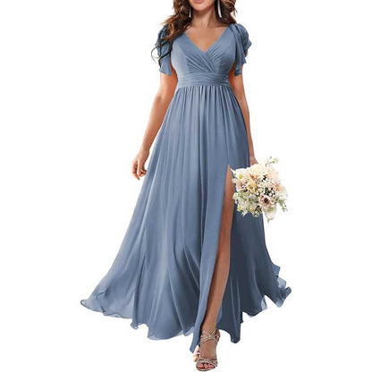 Elegant Custom V-Neck Bridesmaid Dress – Long Chiffon, Side Split, Short Sleeves