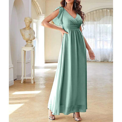 Elegant Custom V-Neck Bridesmaid Dress – Long Chiffon, Side Split, Short Sleeves
