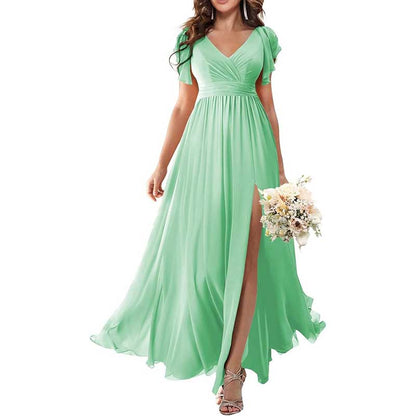 Elegant Custom V-Neck Bridesmaid Dress – Long Chiffon, Side Split, Short Sleeves