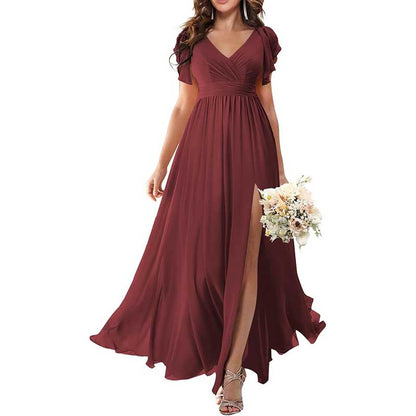 Elegant Custom V-Neck Bridesmaid Dress – Long Chiffon, Side Split, Short Sleeves