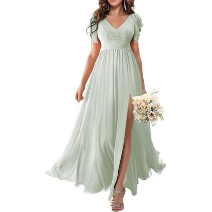 Elegant Custom V-Neck Bridesmaid Dress – Long Chiffon, Side Split, Short Sleeves