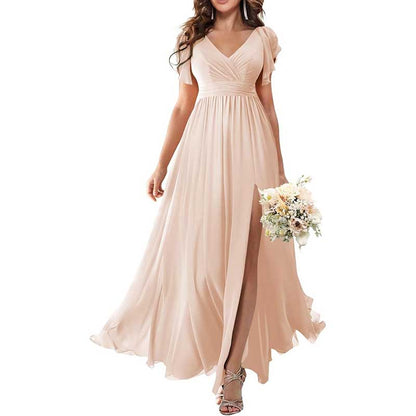 Elegant Custom V-Neck Bridesmaid Dress – Long Chiffon, Side Split, Short Sleeves