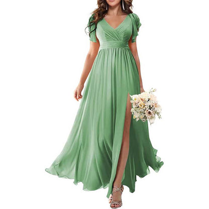 Elegant Custom V-Neck Bridesmaid Dress – Long Chiffon, Side Split, Short Sleeves