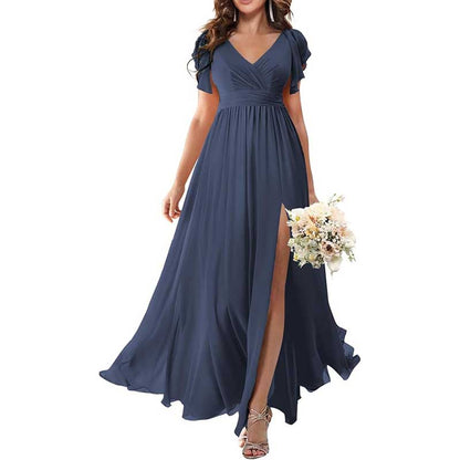 Elegant Custom V-Neck Bridesmaid Dress – Long Chiffon, Side Split, Short Sleeves