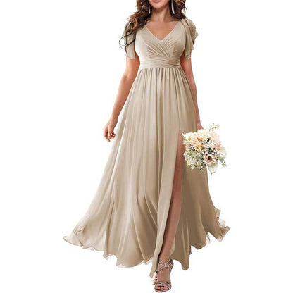 Elegant Custom V-Neck Bridesmaid Dress – Long Chiffon, Side Split, Short Sleeves