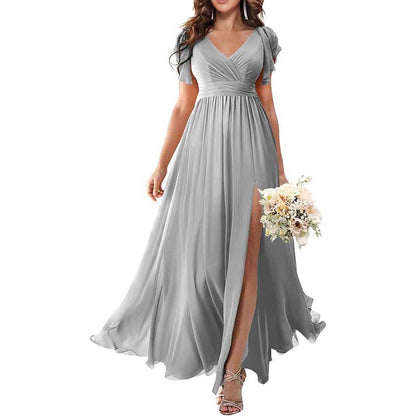 Elegant Custom V-Neck Bridesmaid Dress – Long Chiffon, Side Split, Short Sleeves