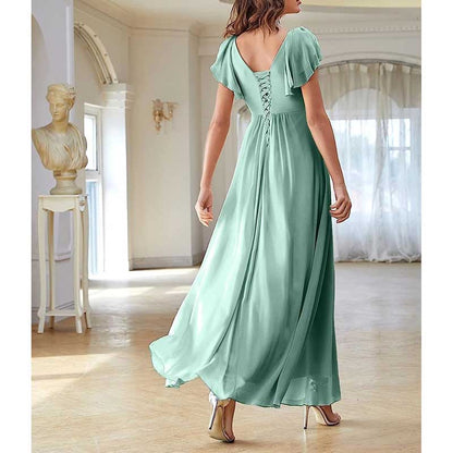 Elegant Custom V-Neck Bridesmaid Dress – Long Chiffon, Side Split, Short Sleeves