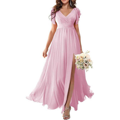Elegant Custom V-Neck Bridesmaid Dress – Long Chiffon, Side Split, Short Sleeves