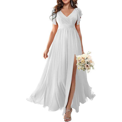 Elegant Custom V-Neck Bridesmaid Dress – Long Chiffon, Side Split, Short Sleeves