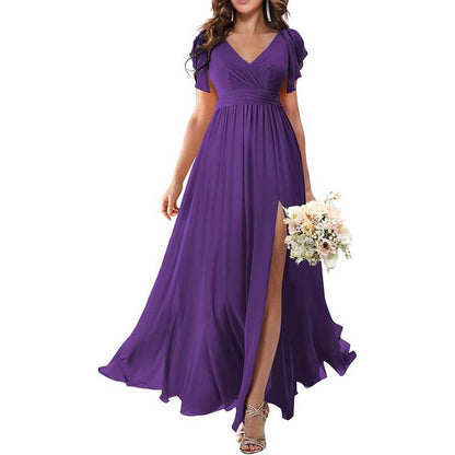 Elegant Custom V-Neck Bridesmaid Dress – Long Chiffon, Side Split, Short Sleeves