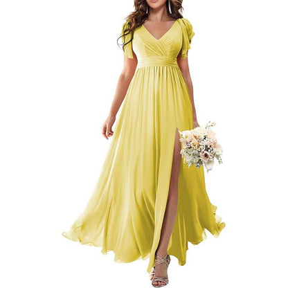 Elegant Custom V-Neck Bridesmaid Dress – Long Chiffon, Side Split, Short Sleeves