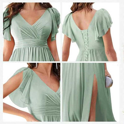 Elegant Custom V-Neck Bridesmaid Dress – Long Chiffon, Side Split, Short Sleeves