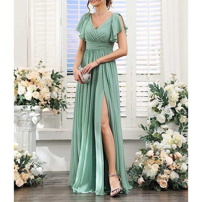 Elegant Custom V-Neck Bridesmaid Dress – Long Chiffon, Side Split, Short Sleeves