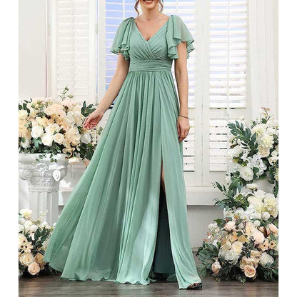 Elegant Custom V-Neck Bridesmaid Dress – Long Chiffon, Side Split, Short Sleeves