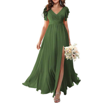 Elegant Custom V-Neck Bridesmaid Dress – Long Chiffon, Side Split, Short Sleeves